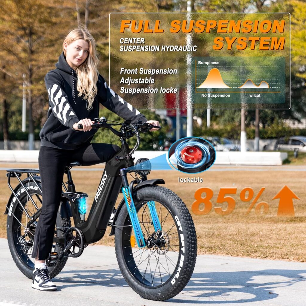 Woman on FREESKY Wildcat Pro. Text describing effect of suspension system.